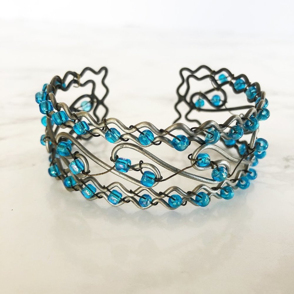 Vintage Silver Wired & Beaded Turquoise Wave Cuff Bracelet - Picture 3 of 4